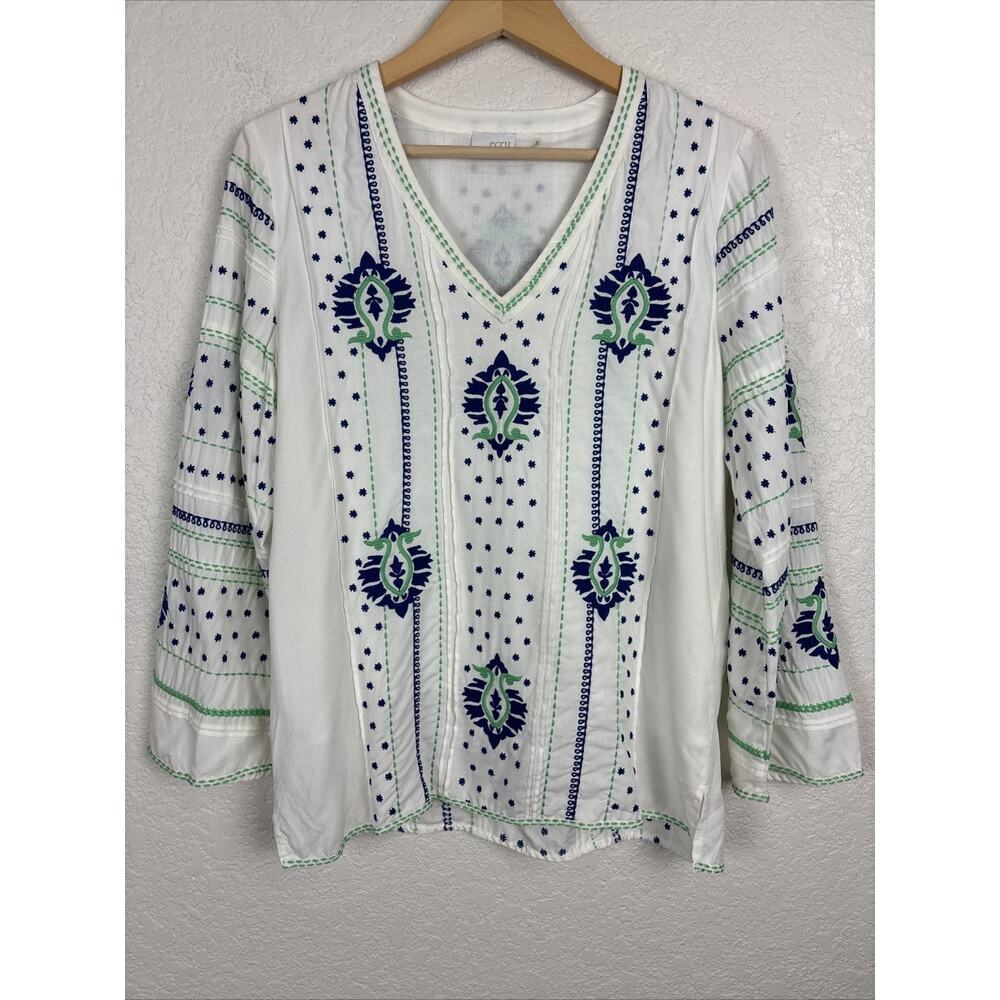 ecru Womens Top Sz Small Embroidered Blue Green Boho Festival Beach Resort White